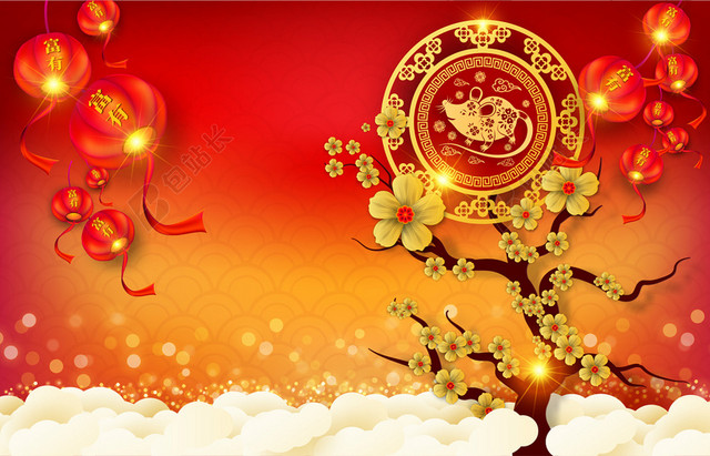红色中国风新年喜庆灯笼桂树矢量背景素材