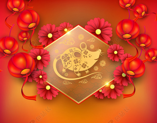 红色中国风新年喜庆鼠年矢量背景素材