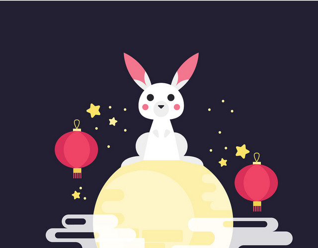 兔子中秋节坐在月亮上的玉兔矢量图
