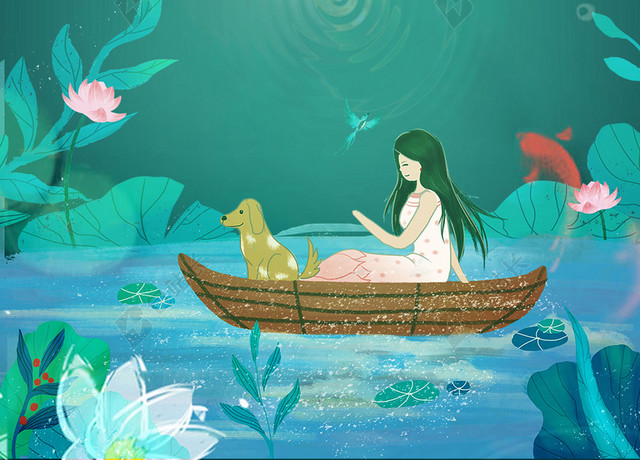 游玩在水面上的小船女孩处暑大暑小暑夏天背景模板