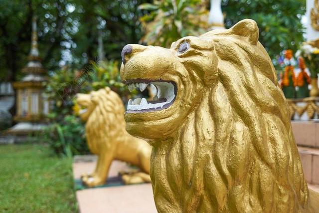 寺 老挝 万象 佛教 狮子 神 雕像 雕塑 金