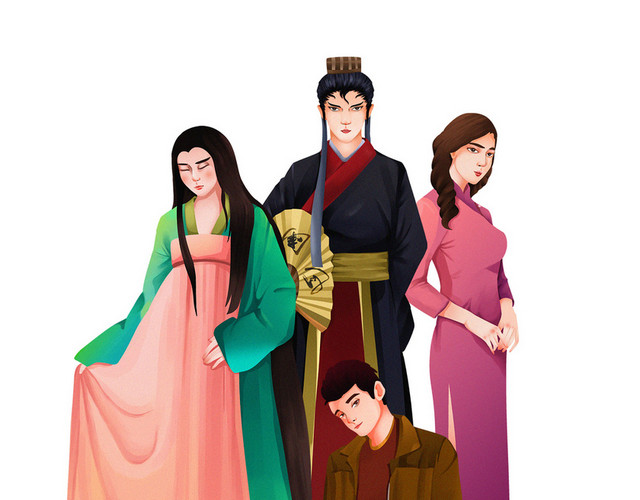 古风彩色国潮购物节人物插画素材