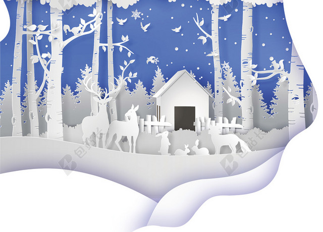 小清新扁平剪纸风雪景圣诞节快乐圣诞节海报背景素材