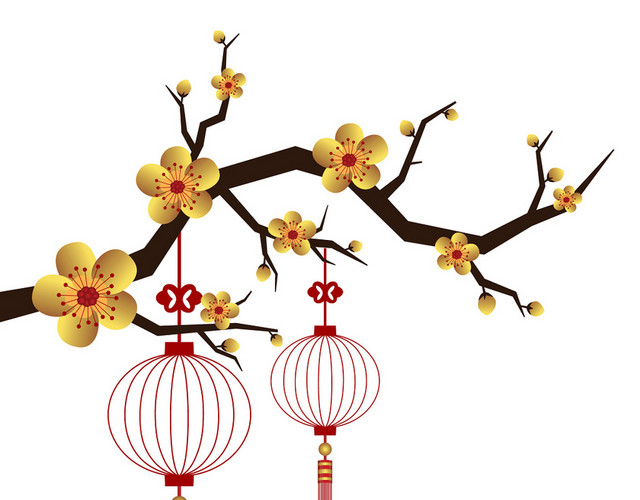 新年手绘黄色梅花红色灯笼矢量素材
