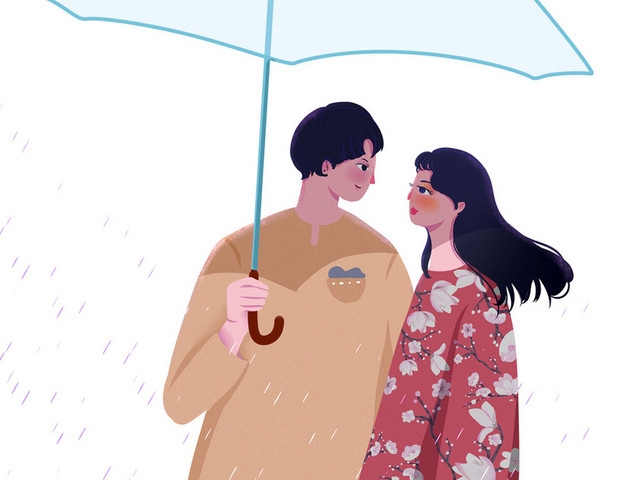 手绘情侣雨天撑伞情人节原创插画素材