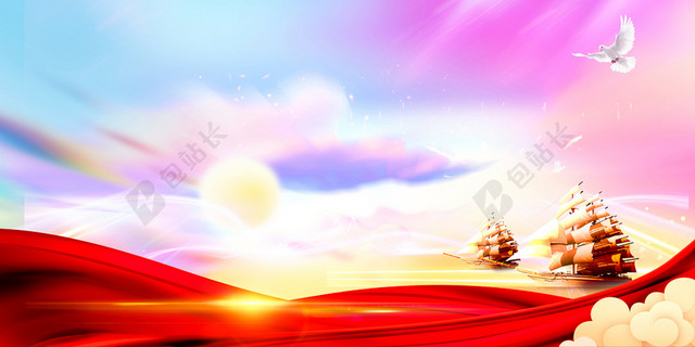 浅色帆船丝带新年鼠年背景素材