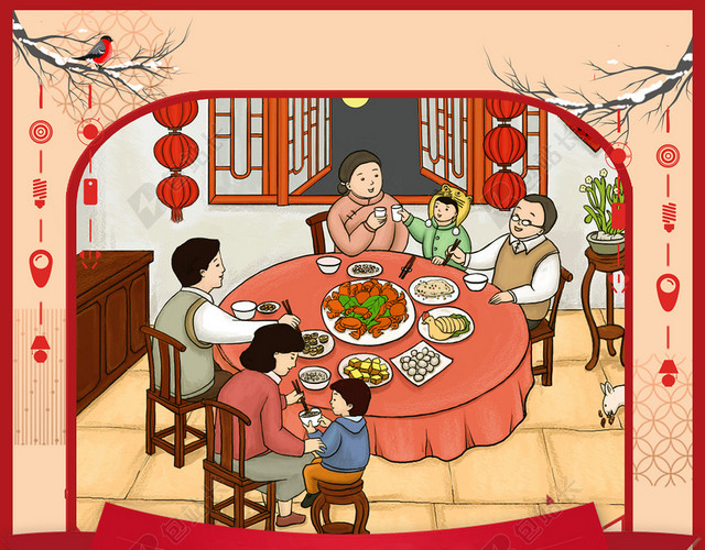 红色喜庆手绘新年年夜饭背景素材