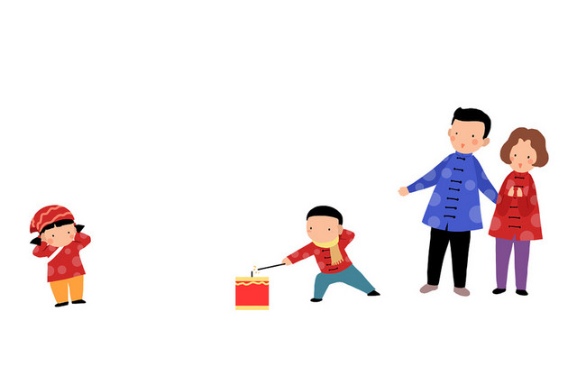 新年主题鼠年亲子放鞭炮插画春节插画