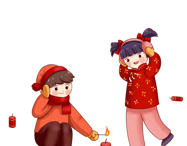 新年主题鼠年亲子放鞭炮插画春节插画