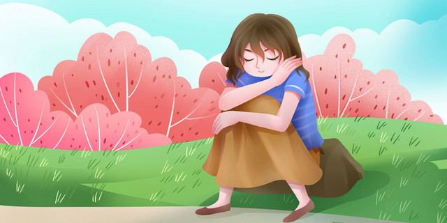 卡通手绘春天春季女孩草地素材
