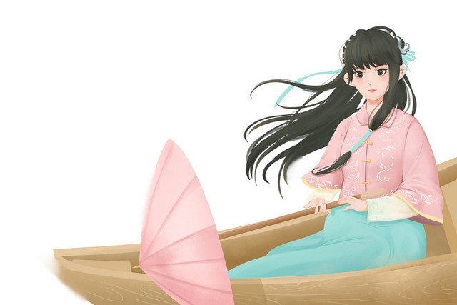 卡通手绘春天春季女孩小船素材