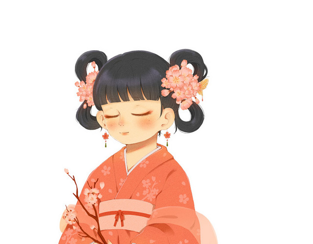 卡通手绘春天春季和服女孩素材