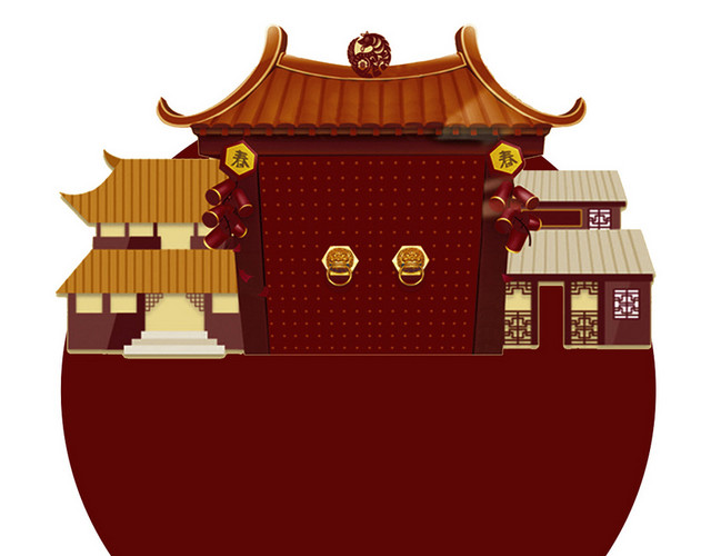 红色古典中国建筑新年素材