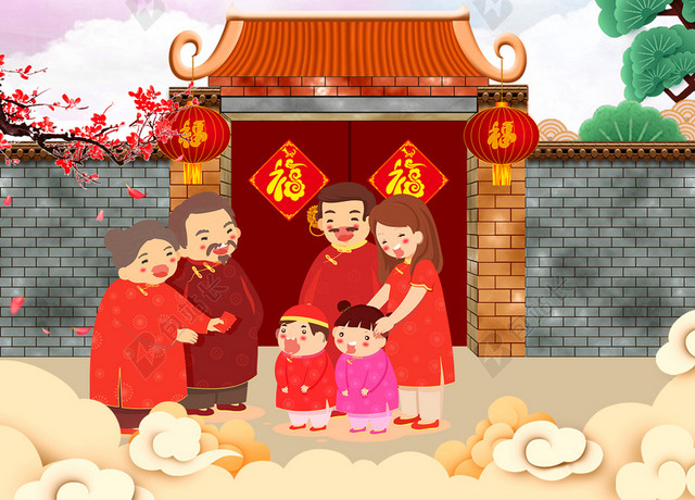 中国风卡通新年春节团聚回娘家背景