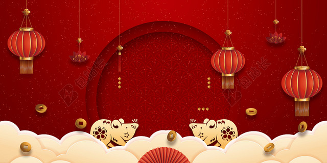 红色喜庆新年鼠年春节展板背景素材
