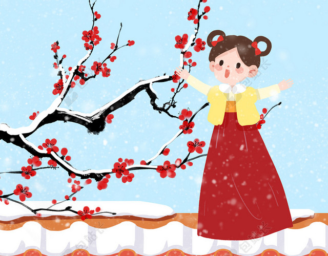 红色传统小寒卡通梅花雪花冬季背景素材