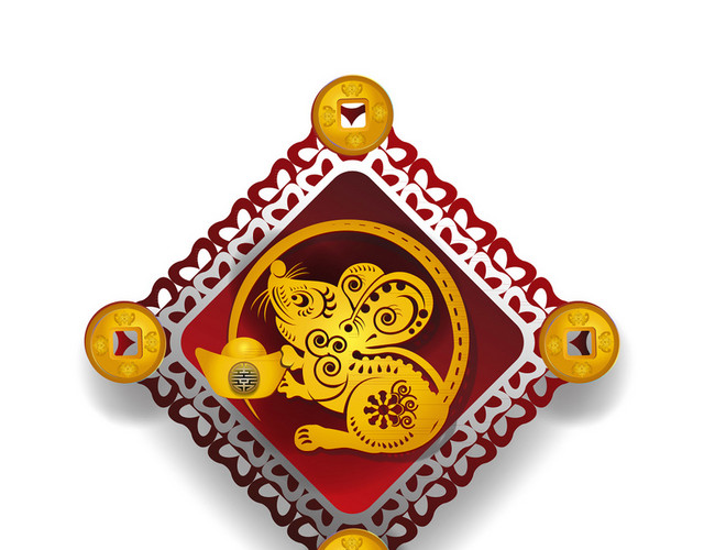 红色老鼠鼠年铜钱窗花剪纸春节新年矢量素材