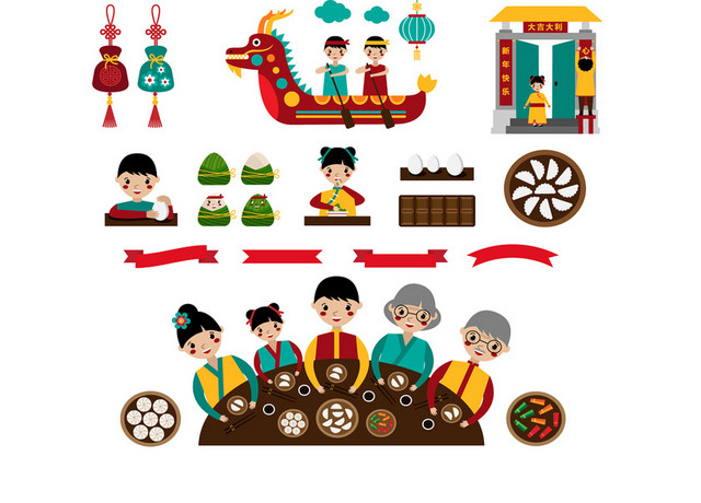 彩色春节过年卡通人物团圆饭舞狮龙舟矢量素材
