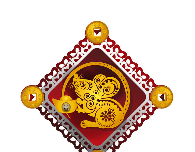 金色老鼠铜币窗花剪纸春节新年矢量素材