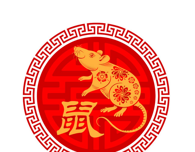 红色老鼠圆形边框春节新年剪纸风矢量素材