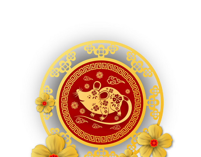 红色老鼠花朵圆形边框春节新年剪纸矢量素材