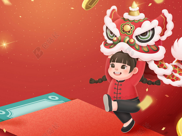舞狮红色新年背景矢量素材