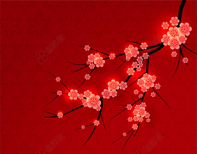 红色梅花树枝2020新年鼠年元旦节日海报背景