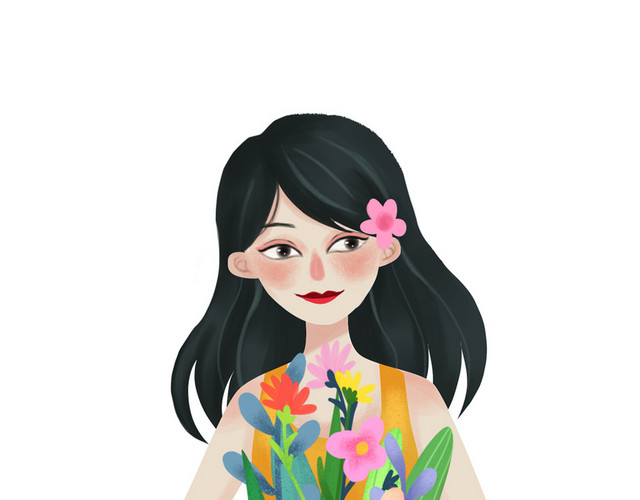 文艺春暖花开春天手捧花女孩插画素材
