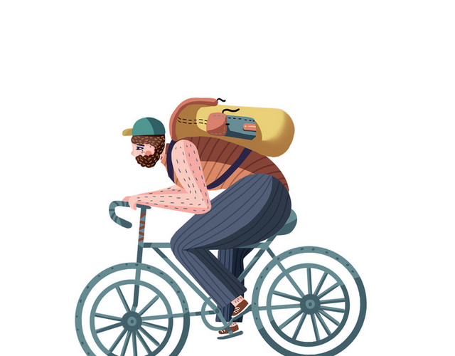 男孩踏春骑行自行车插画