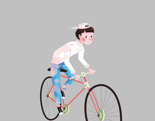 男孩踏春骑行自行车插画