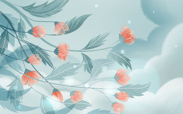 春天春季蓝色浪漫树枝花卉插画背景