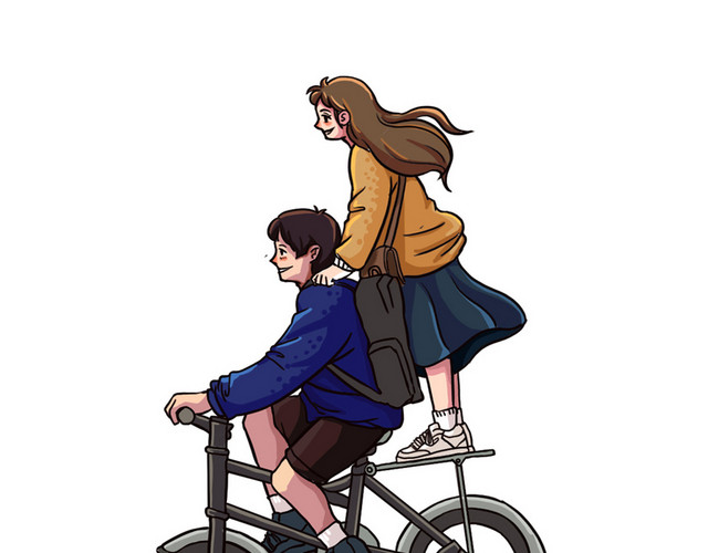 卡通手绘浪漫情侣自行车打闹插画素材