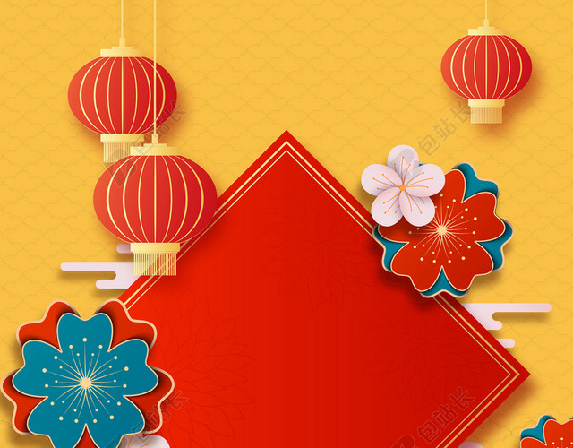 黄色剪纸新年背景舞台海报背景