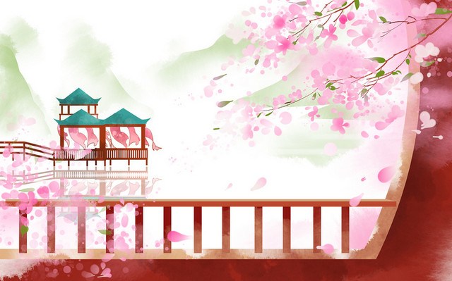 中国风桃花庭院水墨山水背景