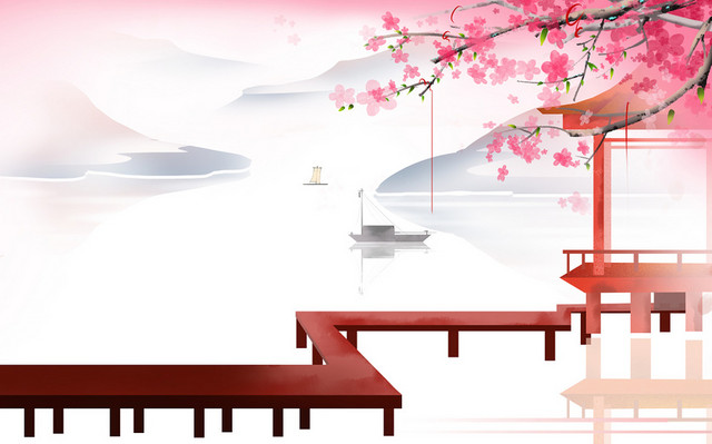 中国风桃花水墨山水背景