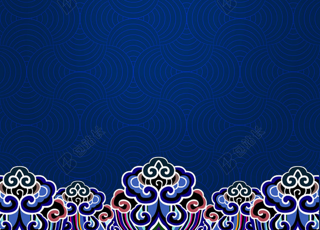 古风中国风蓝色屋檐山彩色花纹背景素材