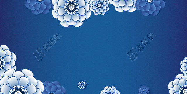 蓝色简约大气纹理立体剪纸花纹创意渐变2020新年背景素材