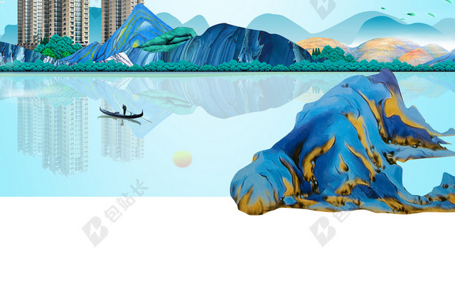 古风中国风淡蓝色简约房地产海报背景素材