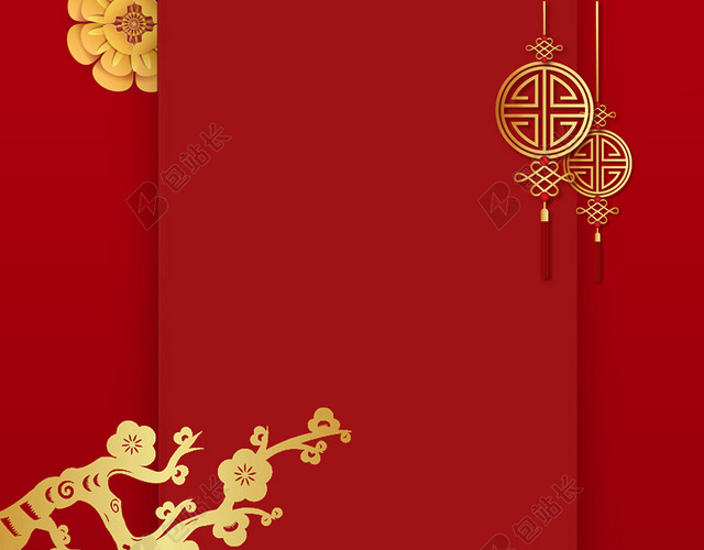 红色卷轴剪纸风新年海报背景