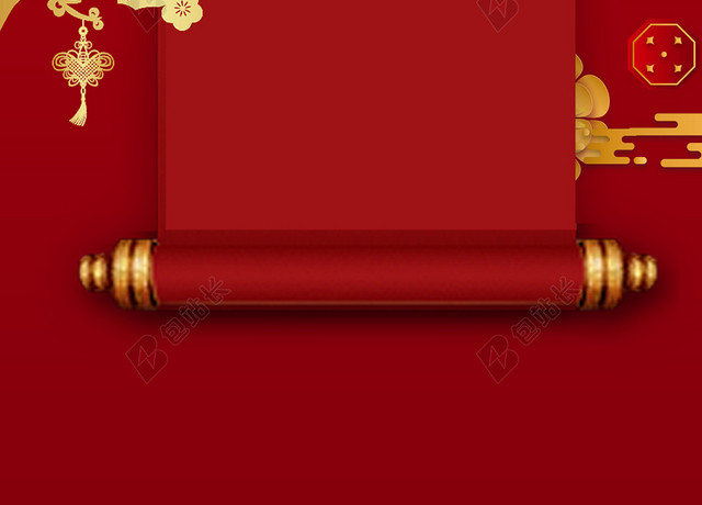 红色卷轴剪纸风新年海报背景