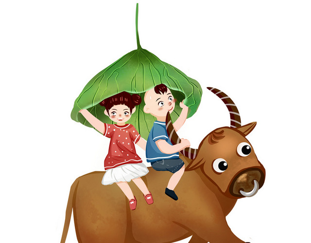 小孩牛背荷叶休闲素材