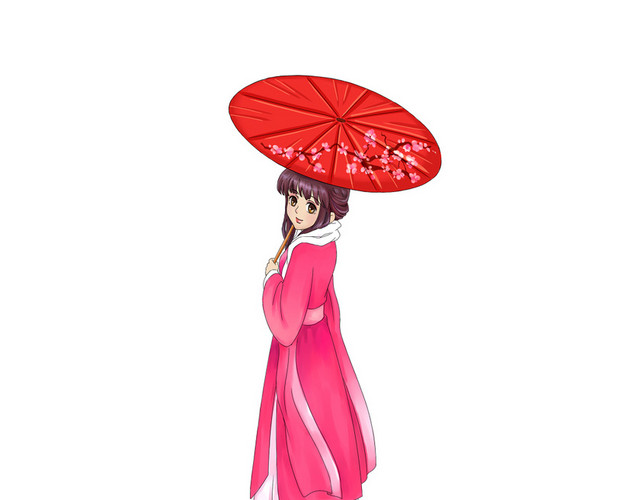 卡通少女中国风服饰撑伞素材