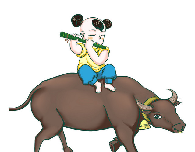 小孩牛背吹笛休闲素材