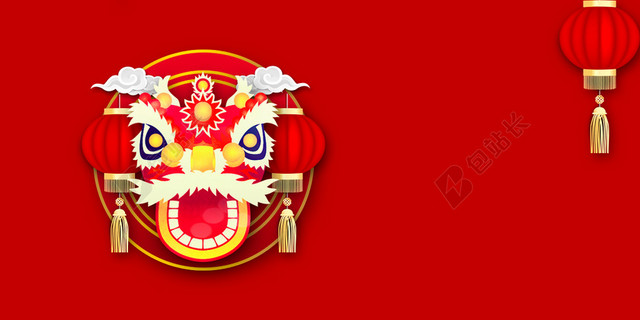 红色时尚2020鼠年春节新年元旦卡通狮子海报背景素材