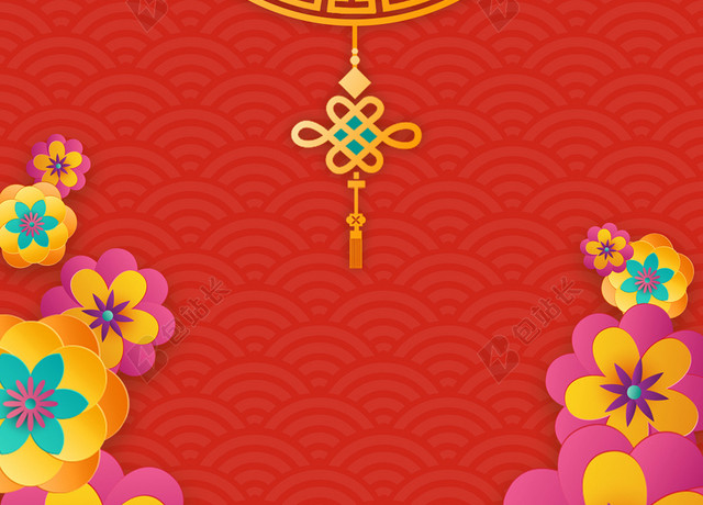 红色中国风剪纸花朵新年春节节日背景