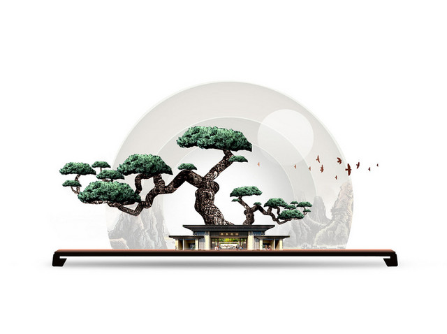 古典中式建筑松树PNG素材