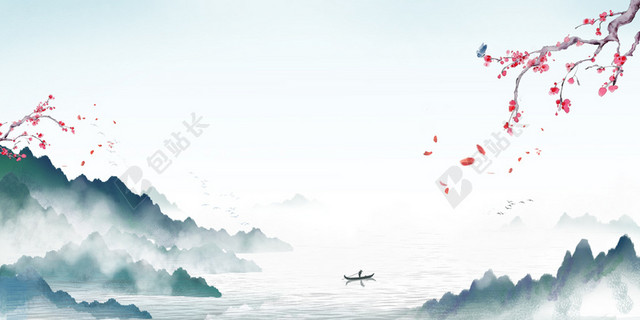 展板背景小清新水墨手绘中国风山水桃花花卉背景素材