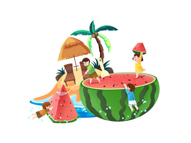 卡通手绘夏天西瓜海滩椰树游戏小孩素材