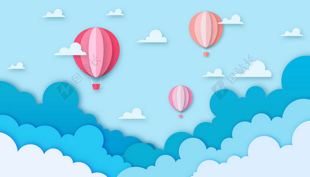 卡通热气球旅游背景天空背景蓝色背景天空剪纸风热气球卡通户外旅行旅游背景