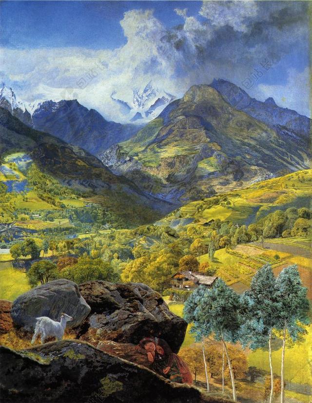 约翰 · 布雷特 画 艺术 布面油画 景观 山 沟 谷 森林